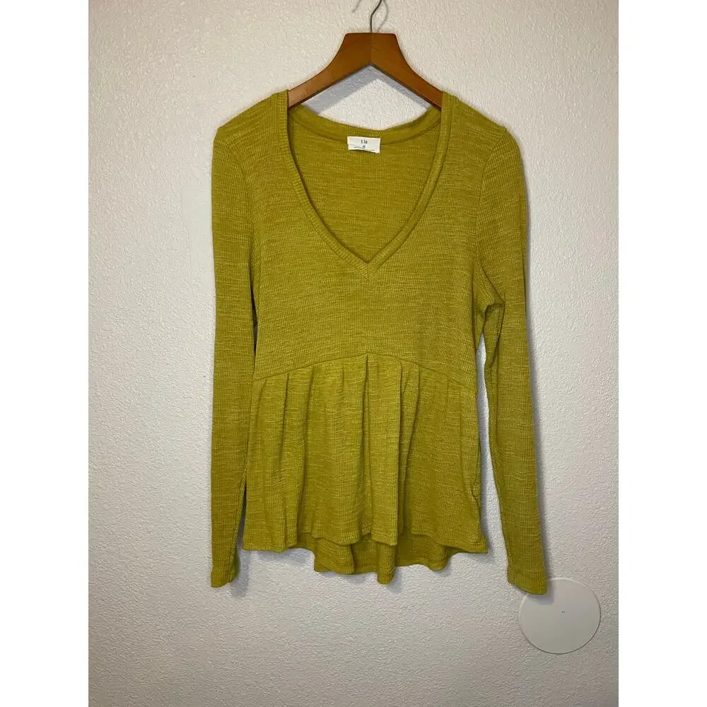 Anthropologie T.La V Neck Ribbed Babydoll Long Sleeve Top Citron Yellow Green XS - Picture 12 of 15